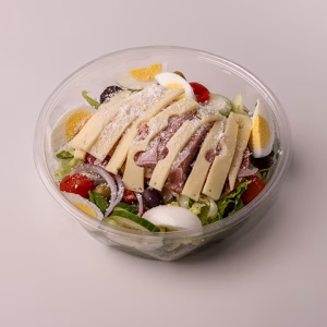 Ham, turkey, pastrami, Genoa salami, Jarlsberg cheese, grape tomatoes, egg wedges, Spanish & Kalamata olives, cucumbers, radishes, red peppers and red onions over mixed greens with Parmesan cheese